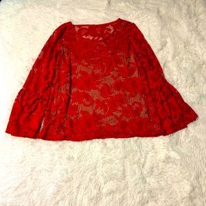 INC Lace Bell Sleeve Top, Size PXL, Red